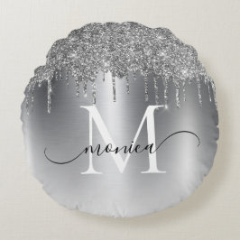 Silver Metal Glitter Drift Monogram Naam Rond Kussen