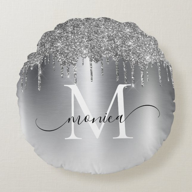 Silver Metal Glitter Drift Monogram Naam Rond Kussen (Voorkant)