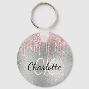 Silver metal glitter druppelt roze monogram initia sleutelhanger