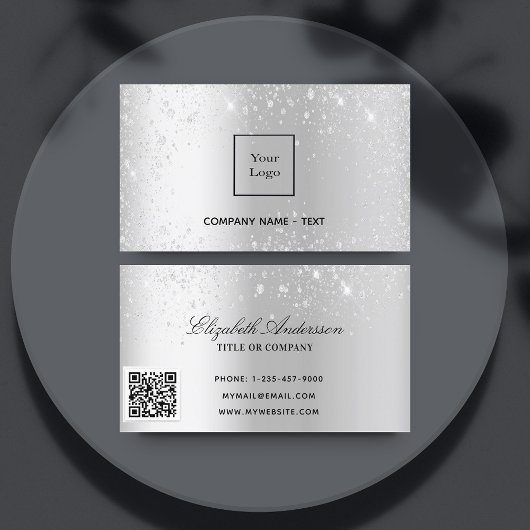 Silver metal glitter logo elegant QR-code Visitekaartje