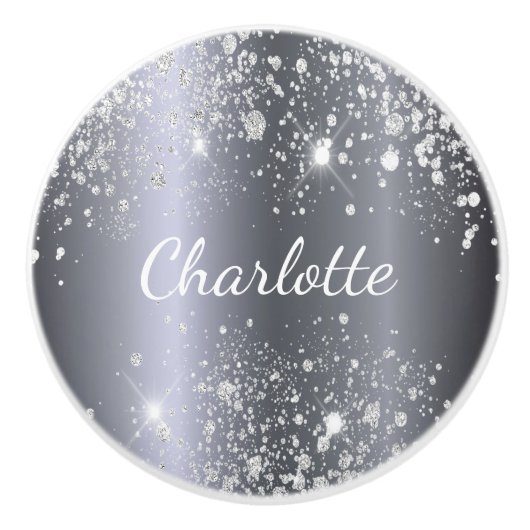 Silver metal glitter name glam girly keramische knop (Voorkant)