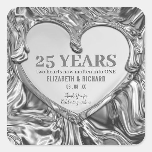 Silver Metal Heart Wedding Jubileum Vierkante Sticker (Voorkant)