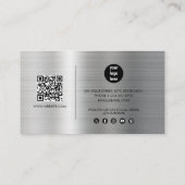 Silver Metal Modern Script QR Code Social Media Visitekaartje (Achterkant)