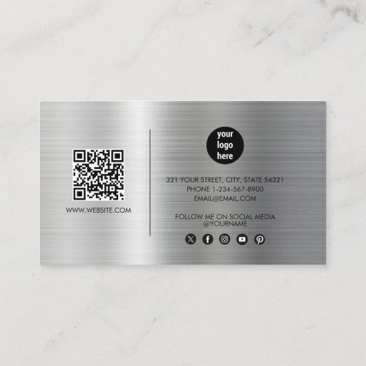Silver Metal Modern Script QR Code Social Media Visitekaartje (Achterkant)