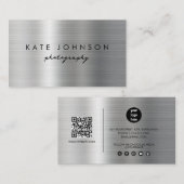 Silver Metal Modern Script QR Code Social Media Visitekaartje (Voorkant / Achterkant)