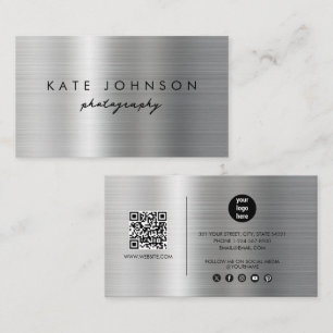 Silver Metal Modern Script QR Code Social Media Visitekaartje