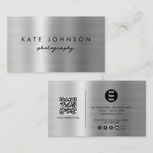 Silver Metal Modern Script QR Code Social Media Visitekaartje (Voorkant / Achterkant)