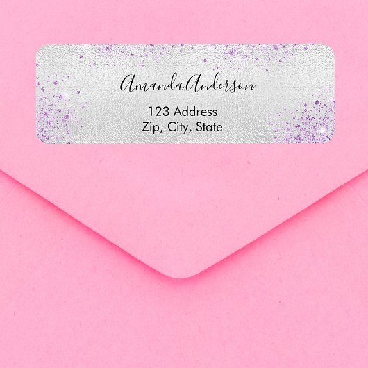 Silver metal paars glitter-stofretour etiket