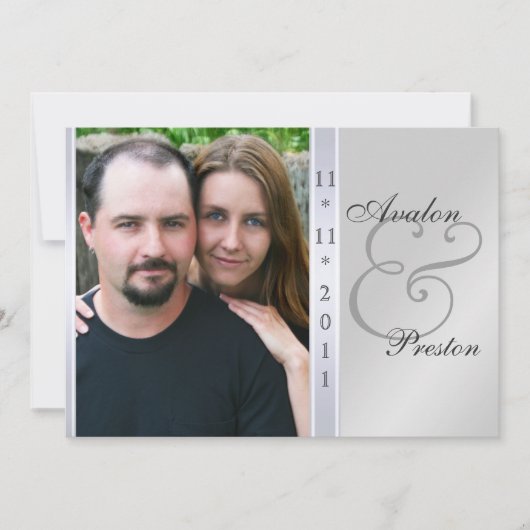 Silver Metal Side Damask Foto Weddenschap Kaart (Voorkant)