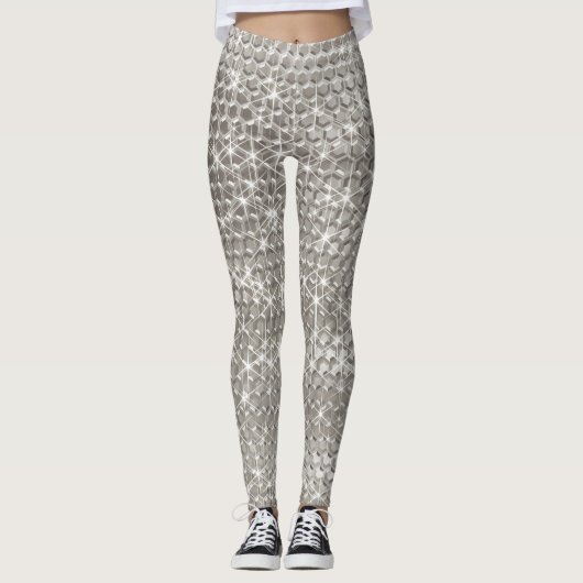 Silver Metal Unieke Glitter Sparkle Metallic Glam Leggings (Voorkant)
