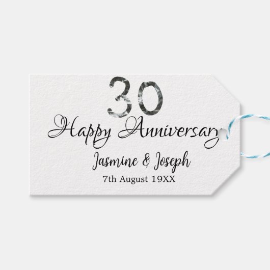 Silver Metallic 30th Happy jubileum toevoegen naam Cadeaulabel (Voorkant (Horizontaal))
