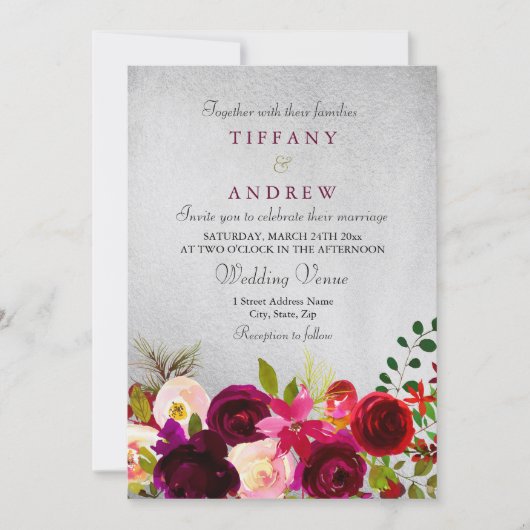 Silver Metallic burgundy Red Floral Wedding Invite Kaart (Voorkant)