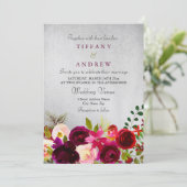 Silver Metallic burgundy Red Floral Wedding Invite Kaart (Staand voorkant)