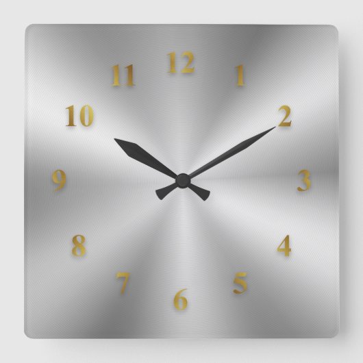 Silver Metallic Clock met Golden Numbers Vierkante Klok (Voorkant)