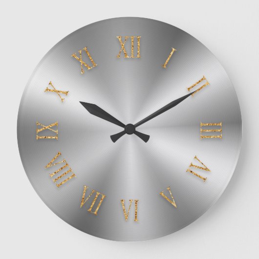 Silver Metallic Clock met Goldfoil Roman Numbers Grote Klok (Voorkant)