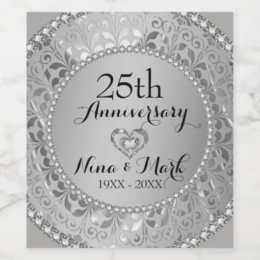 Silver Metallic Damask - 25th Jubileum Wijn Etiket (Enkel label)