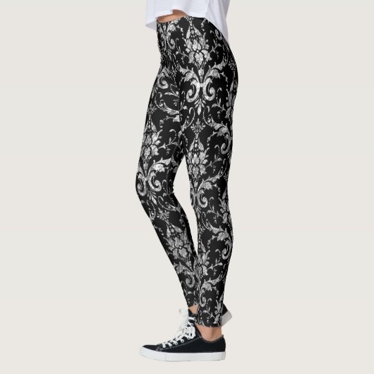 Silver Metallic Damask on Black Leggings (Links)