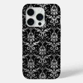 Silver Metallic Damask op Black iPhone 15 Pro Case