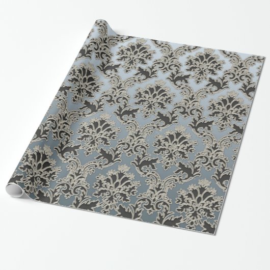 Silver Metallic Damask Pattern Wrapping Paper Cadeaupapier (Uitgerold)