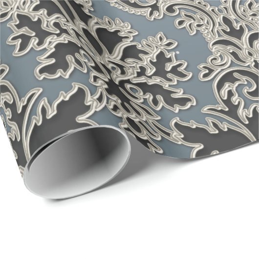 Silver Metallic Damask Pattern Wrapping Paper Cadeaupapier (Rol Hoek)
