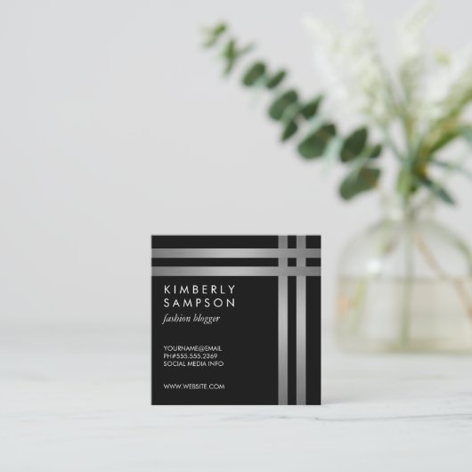 Silver Metallic Double Trim BW Vierkante Visitekaartje (Staand voorkant)