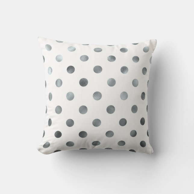 Silver Metallic Faux Foil Polka Dot White Kussen (Voorkant)
