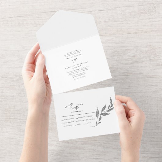 Silver Metallic Foliage Simple Wedding All in One All In One Uitnodiging (Afscheurbaar)