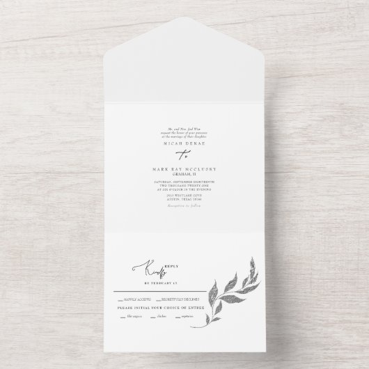 Silver Metallic Foliage Simple Wedding All in One All In One Uitnodiging (Binnen)