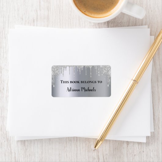 Silver metallic glitter druipt naam boekplaat etiket (Insitu)