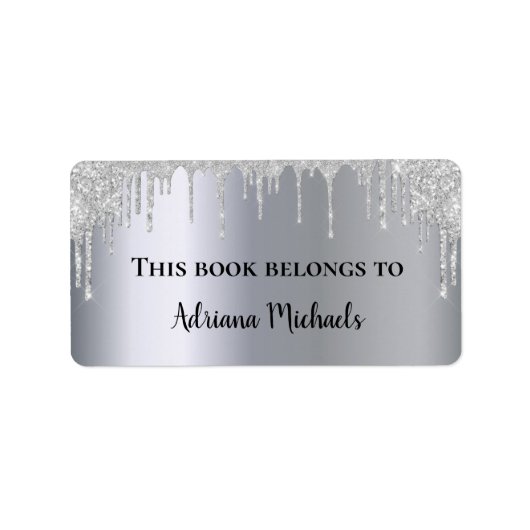 Silver metallic glitter druipt naam boekplaat etiket (Voorkant)