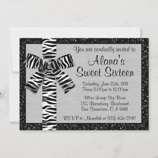 Silver Metallic Glitter nodigt uit met Zebra Bow Kaart (Voorkant)