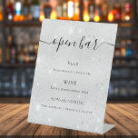 Silver metallic glitter sparkles script menu reclamebord met voetstuk<br><div class="desc">Een faux zilverachtige achtergrond,  versierd met faux glitter,  sparkles. Met de tekst: Open balk. Pas uw bar menu aan en voeg toe.</div>