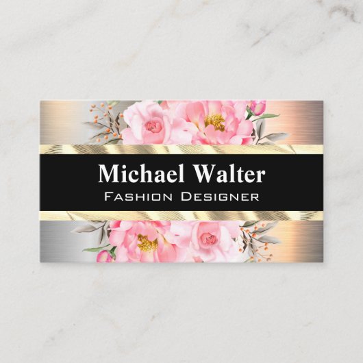 Silver Metallic | Goud | Roze bloemen Visitekaartje (Voorkant)