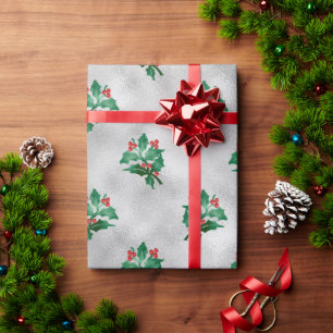 Silver Metallic Holly Berries Holiday Kerstmis Cadeaupapier