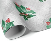 Silver Metallic Holly Berries Holiday Kerstmis Cadeaupapier (Rol Hoek)