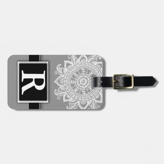 Silver Metallic Mandala Modern Elegant Monogram Bagagelabel (Voorkant horizontaal)