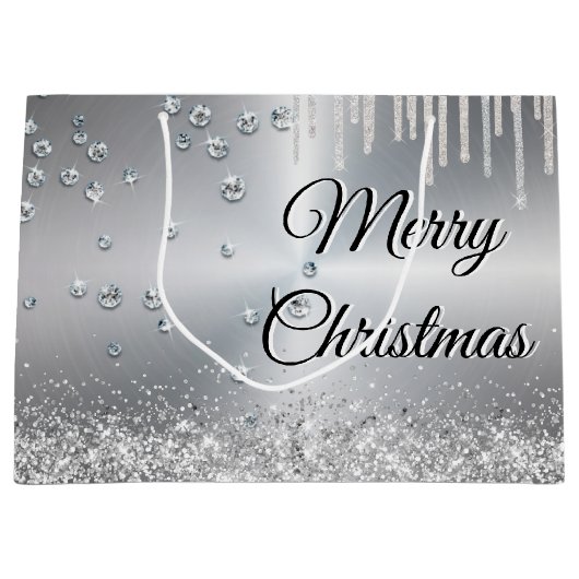 Silver Metallic Merry Kerstmis Groot Cadeauzakje (Voorkant)