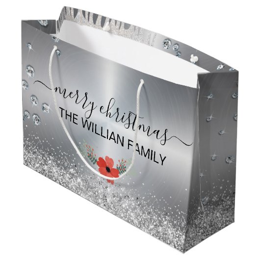 Silver Metallic Merry Kerstmis Groot Cadeauzakje (Achterkant Gekanteld)