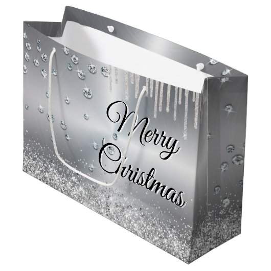 Silver Metallic Merry Kerstmis Groot Cadeauzakje (Voorkant Gekanteld)