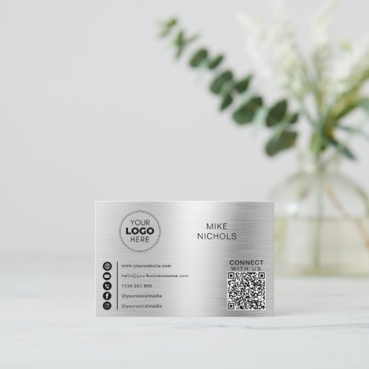 Silver Metallic QR Code Logo Verbind met ons Visitekaartje (Staand voorkant)