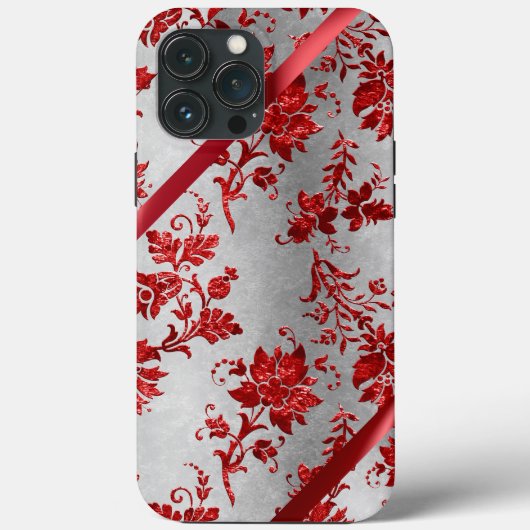 Silver Metallic Red Ribbon Damask Holiday Case-Mate iPhone Case (Achterkant)