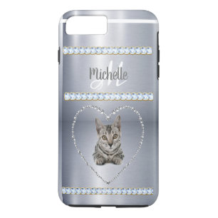 Silver Metallic, Rhinestones, Cat, Persoonlijk iPhone 8/7 Plus Hoesje