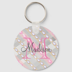 Silver Metallic Roze Rhinestones, gepersonaliseerd Sleutelhanger