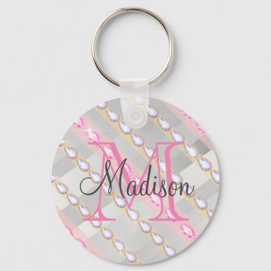 Silver Metallic Roze Rhinestones, gepersonaliseerd Sleutelhanger (Voorkant)