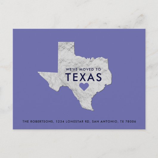 Silver Metallic Texas Map Periwinkle Nieuw Adres Aankondigingskaart (Voorkant)
