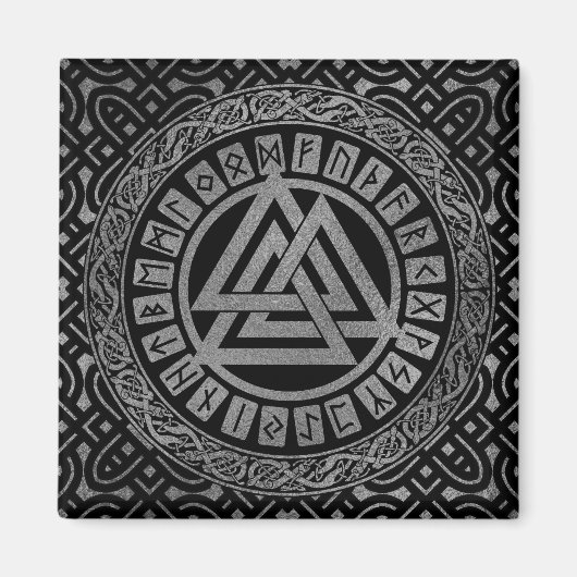 Silver Metallic Valknut Symbool op Keltisch Patroo Magneet (Voorkant)