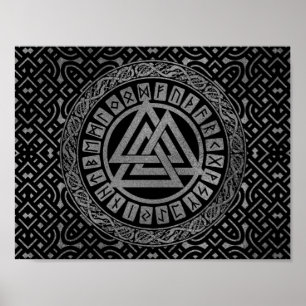 Silver Metallic Valknut Symbool op Keltisch Patroo Poster