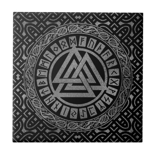 Silver Metallic Valknut Symbool op Keltisch Patroo Tegeltje (Voorkant)