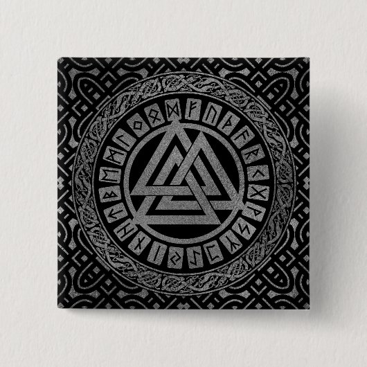 Silver Metallic Valknut Symbool op Keltisch Patroo Vierkante Button 5,1 Cm (Voorkant)