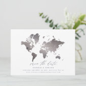 Silver metallic wereldkaart bruiloft aankondiging (Staand voorkant)